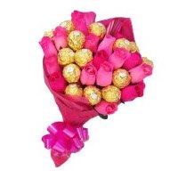 Send Pink Roses 10 Flowers 16 Pcs Ferrero Rocher Bouquet for Bhai Dooj