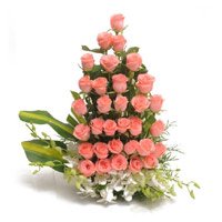 Order 32 Pink Roses 3 Orchids Arrangement Delivery in India