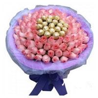 Bouquet of 16 pcs Ferrero Rocher with 50 pink roses for Bhai Dooj gift