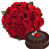 Send 24 Red Roses Bunch with 0.5 kg Chocolate Cake Delivery in India