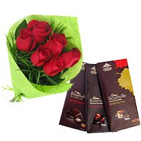 5 Cadbury Bournville Chocolates with 6 Red Rose Bunch for Bhai Dooj Gift