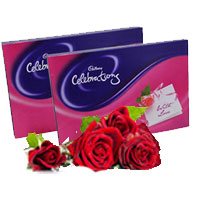 Online 2 Cadbury Celebration Packs with 4 Red Roses Bunch for Bhai Dooj Gift