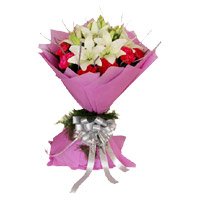 Bhai Dooj Flower Bouquet of 10 red carnation and 5 white lily