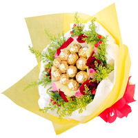 Send 12 Red Pink Roses 16 Pcs Ferrero Rocher Bouquet Bhai Dooj Gift to India