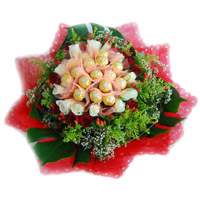 Send 16 Pcs Ferrero Rocher 24 Red White Roses Bouquet for Bhai Dooj Gift