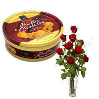 Online Danish Butter Cookies with 6 Red Roses Vase for Bhai Dooj Gift