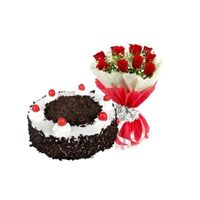 Bunch of 12 Red Roses, Black Forest Cake for Father's Day