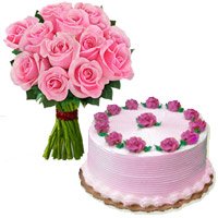 Online 1/2 Kg Strawberry Cake 12 Pink Roses Bouquet to India