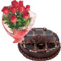 Online 1 Kg Chocolate Cake 12 Red Roses Bouquet for Bhai Dooj