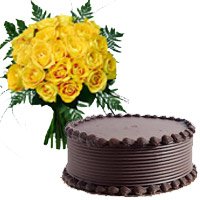 18 Yellow Roses Bouquet, Chocolate Cake for Fathers Day Online