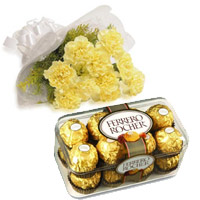 Send 10 Yellow Carnation 16 Pcs Ferrero Rocher Chocolate Bhai Dooj Gift to India
