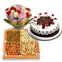 Bhai Dooj gift 12 Mix Carnation, 1/2 Kg Black Forest Cake and 1/2 Kg Dry Fruits