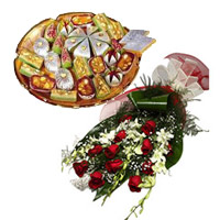 Send 6 White Orchids 12 Red Roses Bunch 1 Kg Assorted Kaju Sweets for Bhai Dooj