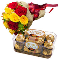Send Arrangement of Ferrero Rocher and 12 red yellow roses for Bhai Dooj