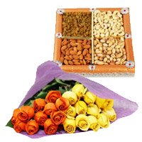 24 Orange Yellow Roses Bunch 1/2 Kg Dry Fruits Bhai Dooj Gift to India