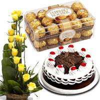 15 Yellow Rose Basket 1/2 Kg Black Forest Cake 16 Pcs Ferrero Rocher for Bhai Dooj Gift