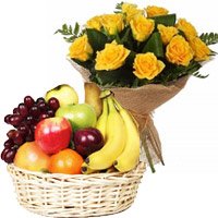10 Yellow Rose Bunch 2 Kg Fresh Fruit Basket Bhai Dooj Gift to India