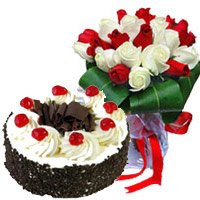 Send 15 Red White Roses 1 Kg Black Forest Cake to India