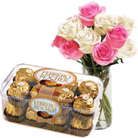 for Bhai Dooj Gift 10 Pink White Roses Vase 16 Pcs Ferrero Rocher for Bhai Dooj Gift