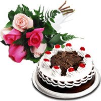 Buy 6 Mix Roses 1/2 Kg Black Forest Cake to India