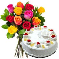 Order 12 Mix Roses 1 Kg Pineapple Cake Delivery in India