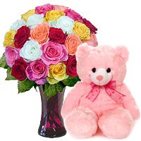 6 Inch Valentine's Day Teddy Bear, 24 Mix Roses Vase to India