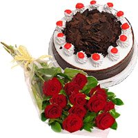 Send 12 Red Roses 1/2 Kg Eggless Black Forest Cake Bhai Dooj gift hamper