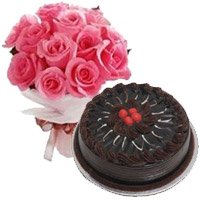 Bhai Dooj gift hamper 12 Pink Roses 1 Kg Eggless Chocolate Cake