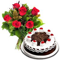 Send Father's Day Black Forest Cake with 6 Red Roses to India
