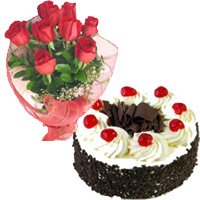 Bhai dooj Black Forest Cake 12 Red Roses Bouquet to India