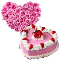 Send 24 Pink Roses Heart 1 Kg Strawberry Heart Cake for Bhai Dooj