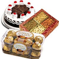 1/2 Kg Black Forest Cake, 1/2 Kg Dry Fruits and 16 pcs Ferrero Rochers Bhai Dooj gift to India