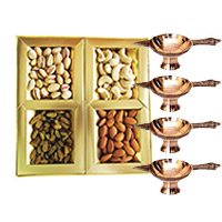 Mix Dry Fruits with 4 Brass Diya for Diwali Gift to India