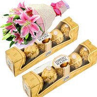 Send Bhai Dooj Gift Ferrero Rocher Chocolates 8 Pieces with 2 Lily Stem