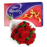 Online Rakhi Delivery with Cadbury Celebration Pack, 2 Red Roses Bunch to India