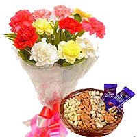 Bhai Dooj 12 Mixed Flowers Bouquet with 1/2 Kg Dry Fruits & 2 Dairy Milk Chocolates gift delivery in India