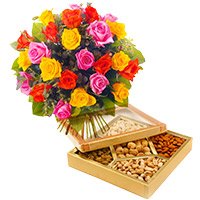 24 Mixed Roses with 1/2 Kg Assorted Dry Fruits Bhai Dooj gift to India