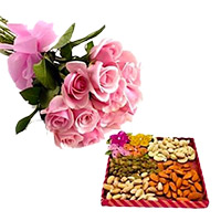 12 Pink Roses with 500 gm Mixed Dry Fruits gift for Bhai Dooj