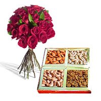 12 Red Roses with 500 gm Mixed Dry Fruits Bhai Dooj gift to India