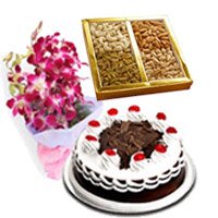 Bhai Dooj gift 5 Purple Orchids Bunch 1/2 Kg Black Forest Cake with 500 gm Mix Dry Fruits