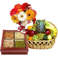Online 12 Mix Gerbera with 500 gm Mix Dry Fruits and 1 Kg Fresh Fruits Basket Delivery in India