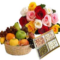 Send 12 Mix Roses Bunch with 1 Kg Fruits Basket & 500 gm Mix Dry Fruits to India