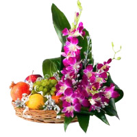 Send 12 Orchids Arrangement with 1 Kg Fresh Fruits Basket to India