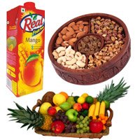 Send 1 Kg Real Juice with 2 Kg Fresh Fruits Basket with 1 Kg Mix Dry Fruits gift for Bhai Dooj