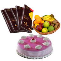 Online 5 Cadbury Bournville Chocolates with 1 Kg Fresh Fruits Basket and 500 gm Strawberry Cake