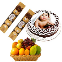 Wedding Gift Hamper Gifts to IndiaFresh Fruits Basket with 8 Pcs Ferrero Rocher and 1 Kg Chocolate Photo Cake