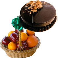 Send 500 gm Chocolate Cake with 1 Kg Fresh Apple and Orange Basket to India