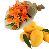 Buy Orange Lily Bouquet 4 Flower Stems with 12 pcs Fresh Mango to India