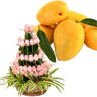 Wedding Gift Hamper Pink Flowers Basket 50 Flowers with 12 pcs Fresh Mango to India