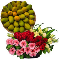Send 20 Red and Yellow Roses with 10 Pink Gerbera and 2 Kg Fresh Mango to India